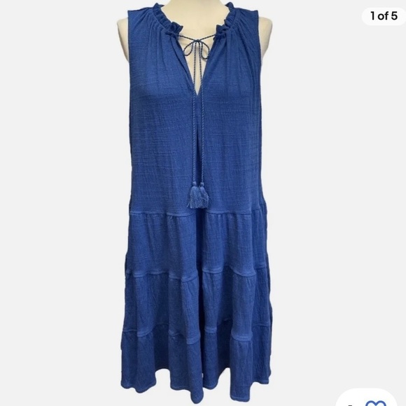 Max Studio Dress Jersey Blue Sleeveless Neck Tie Tiered Shirt Dress Size Small - Picture 1 of 6